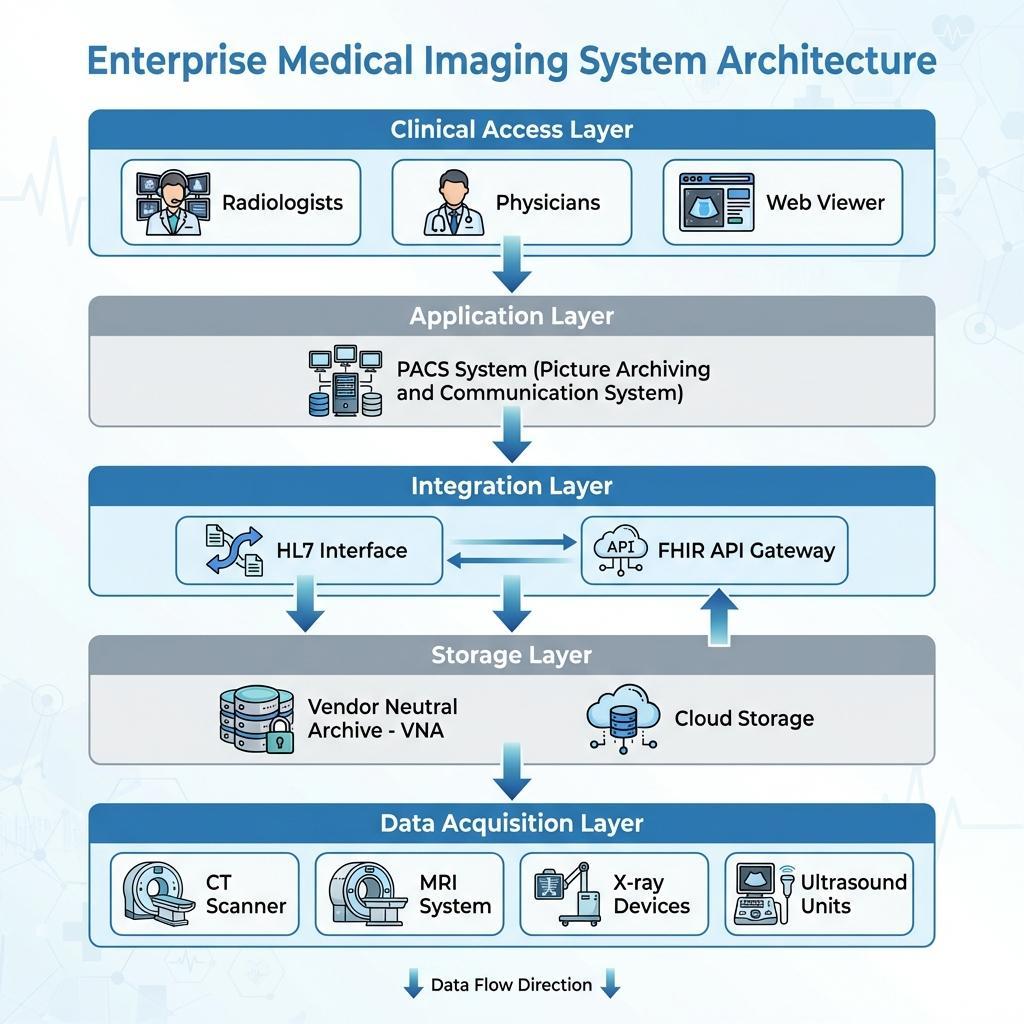 Diagramma dell'architettura di imaging medicale che mostra i livelli DICOM, PACS, VNA e di integrazione nei sistemi sanitari basati su cloud